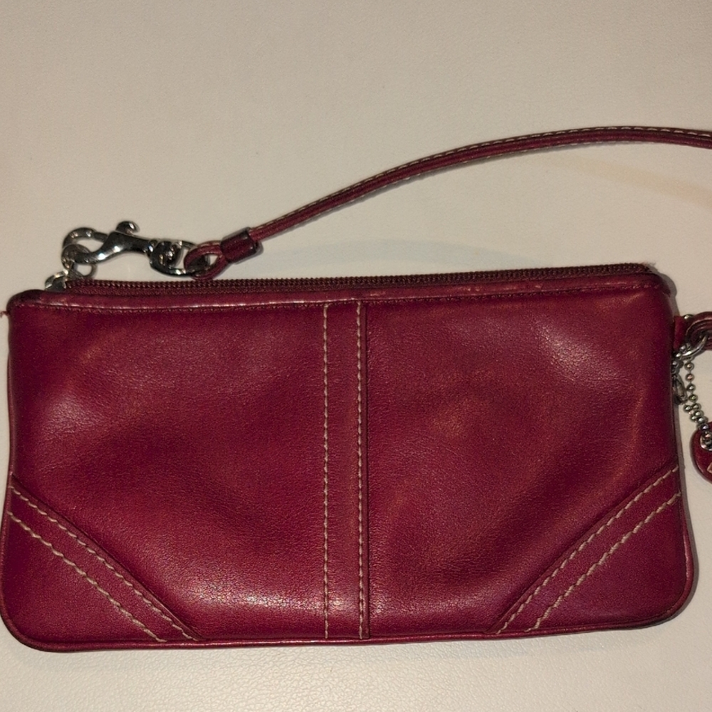Coach Maroon All Leather Wristlet - Picture 5 of 6